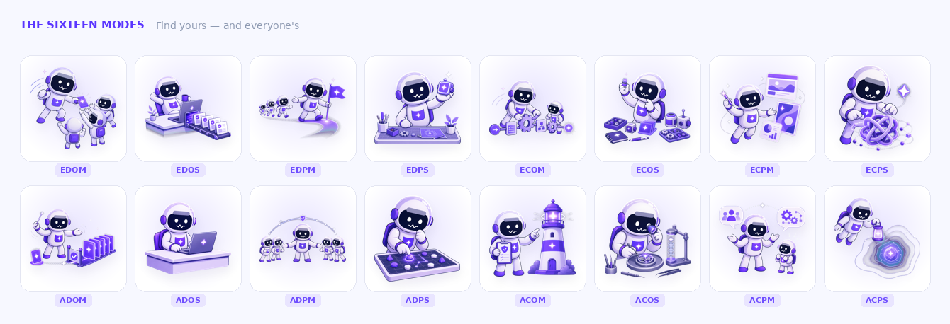 The sixteen AIMI modes, each as the Nova mascot
